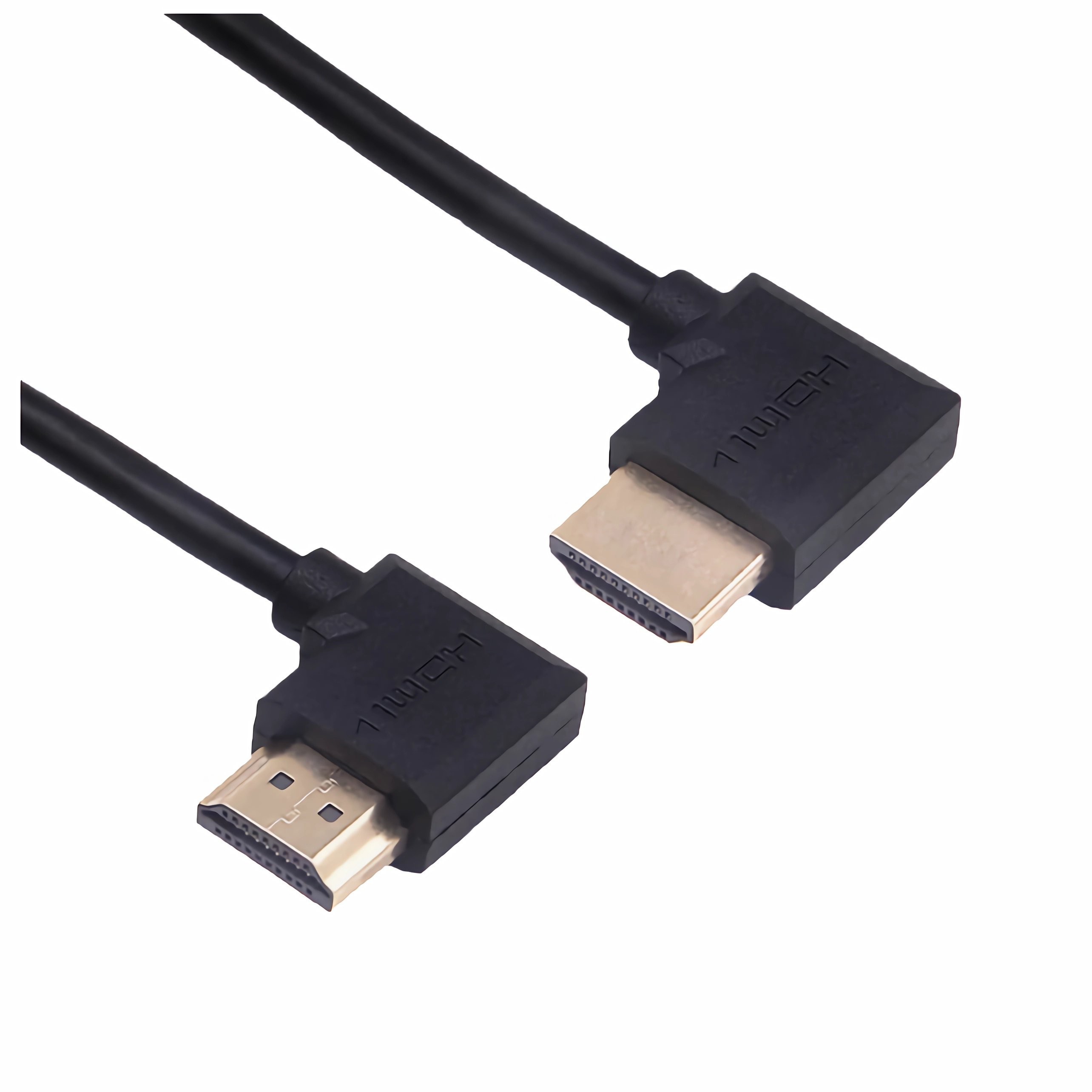 Zwei schwarze HDMI-Kabel mit Goldsteckern. Die Kabel sind abgewinkelt. Weißer Hintergrund.
