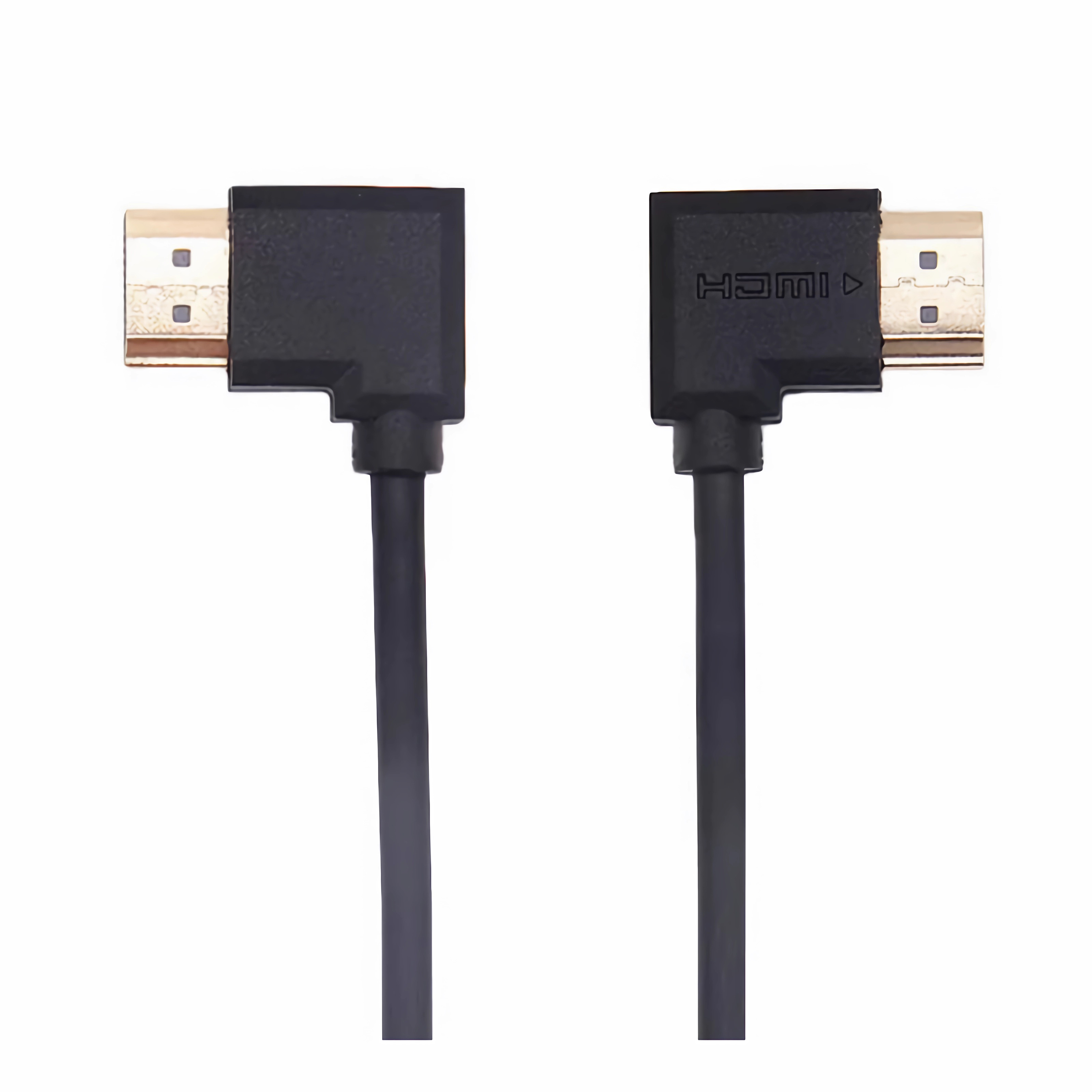 Zwei schwarze HDMI-Kabel mit goldenen Steckern, die nach rechts zeigen.