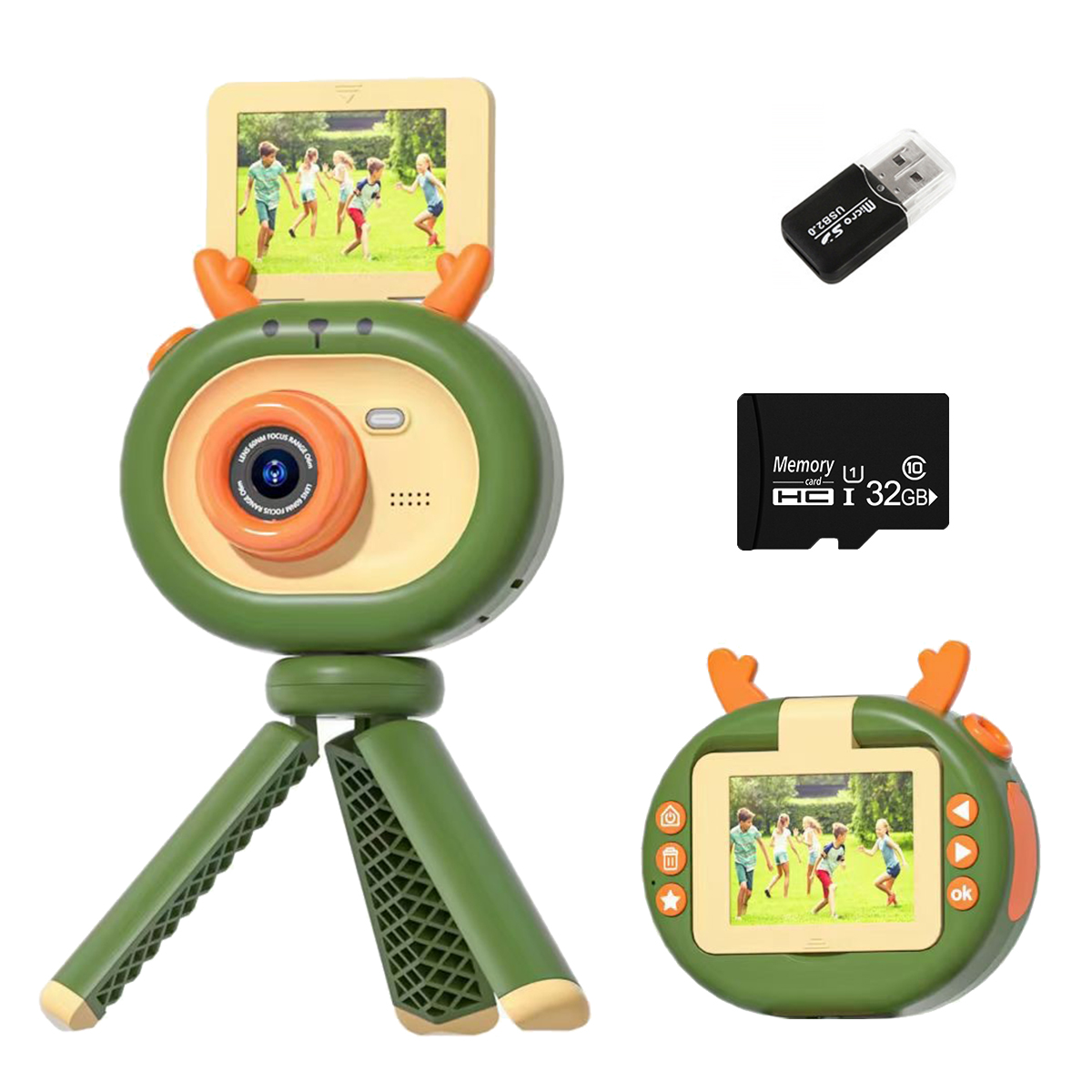 Zielony aparat dla dzieci z ekranem i akcesoriami: karta SD i adapter USB.