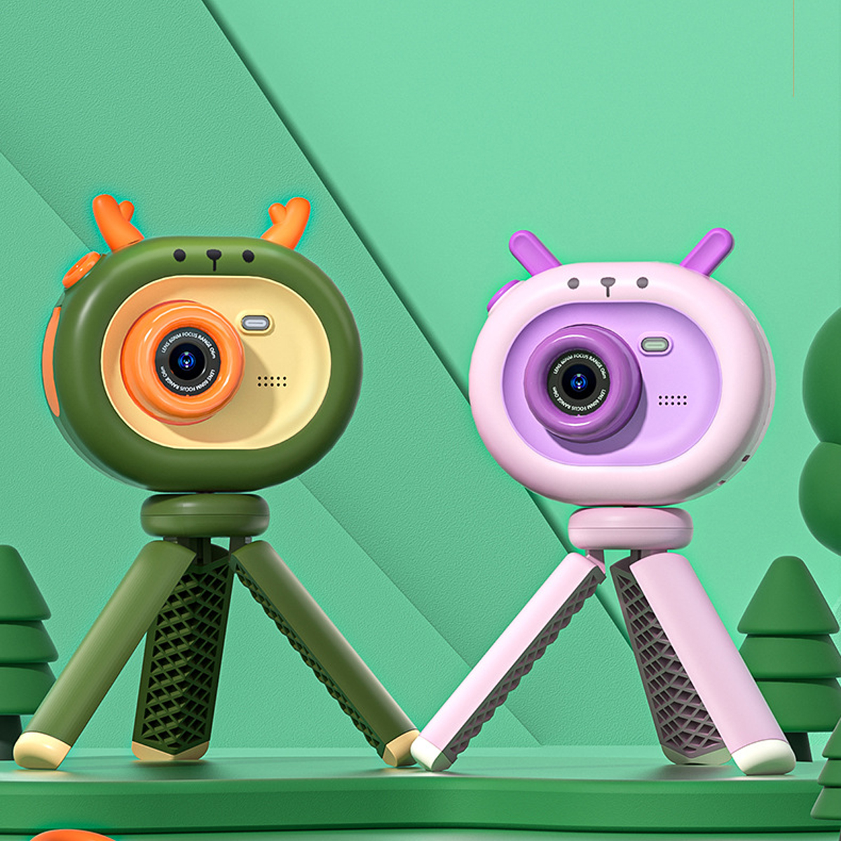 Dwa aparaty z kreskówek. Jeden zielony, drugi różowy. Statywy. Białe tło.