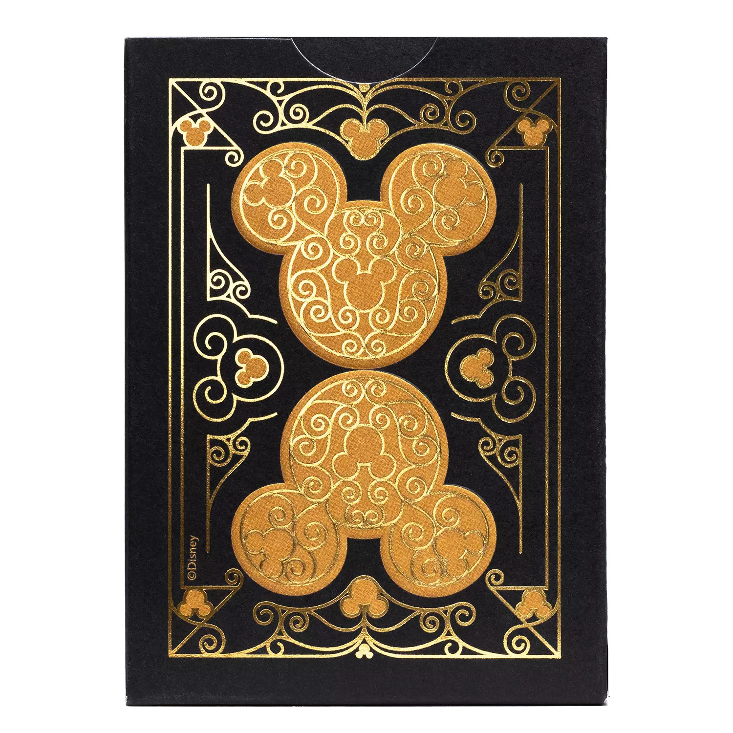 Eine schwarze Karte mit goldenen Micky-Maus-Formen, Ornamenten und einem Disney-Logo.