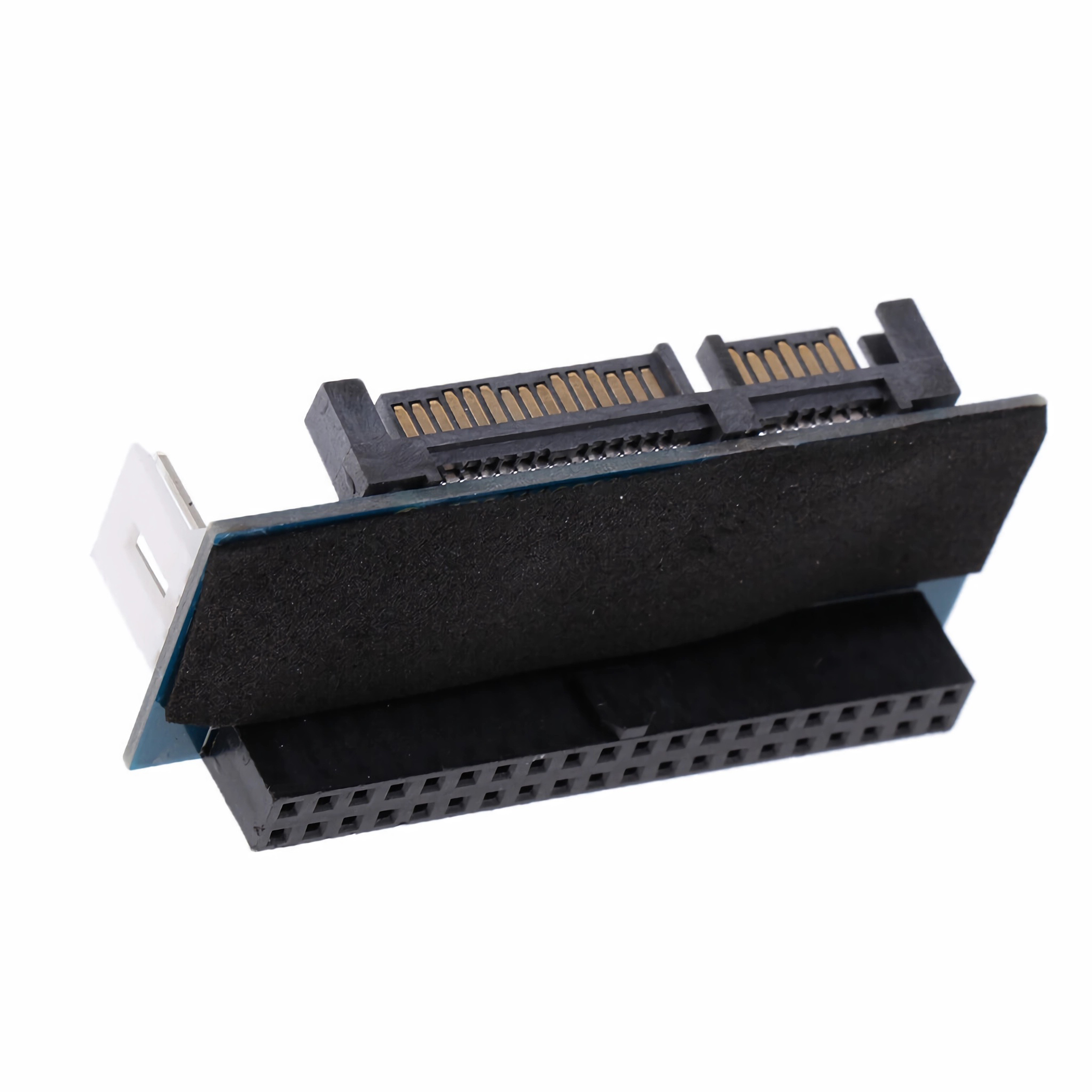 Ein schwarzes und blaues elektronisches Bauteil mit mehreren Anschlüssen.