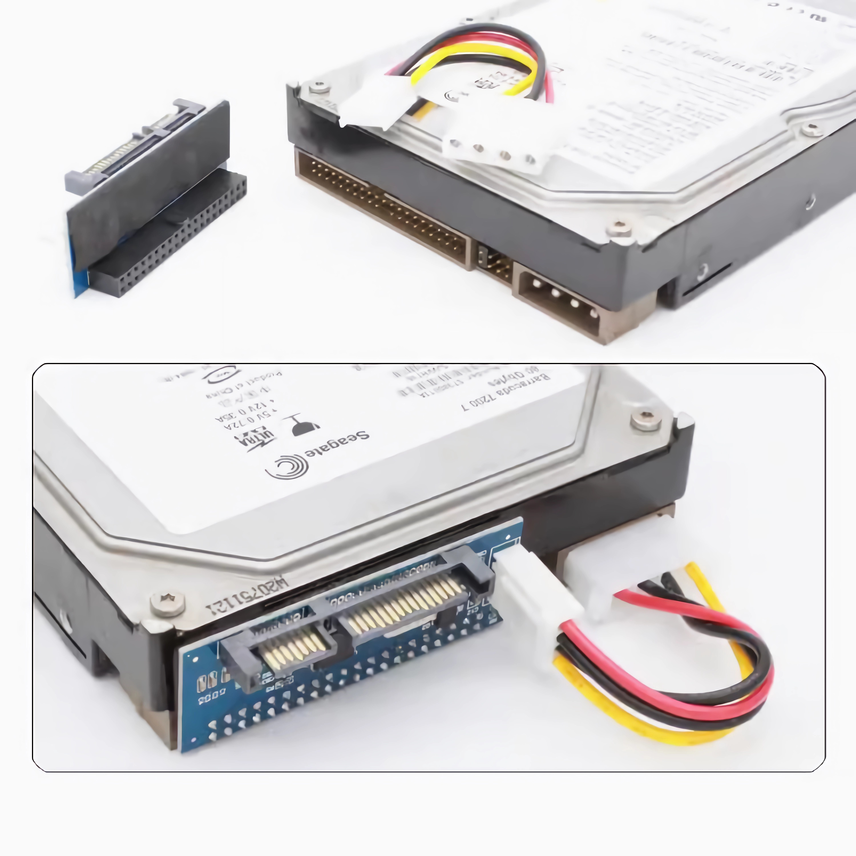 Zwei Festplatten und Adapterkabel, die Anschlüsse und Leiterplatten zeigen.