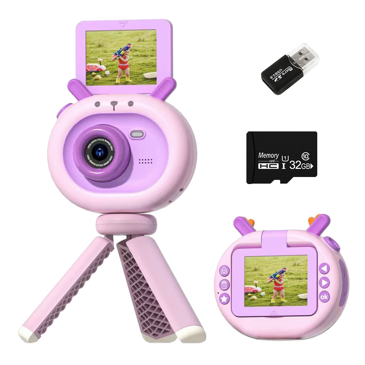 Różowy aparat cyfrowy w kształcie królika, statyw, karta SD i adapter USB.