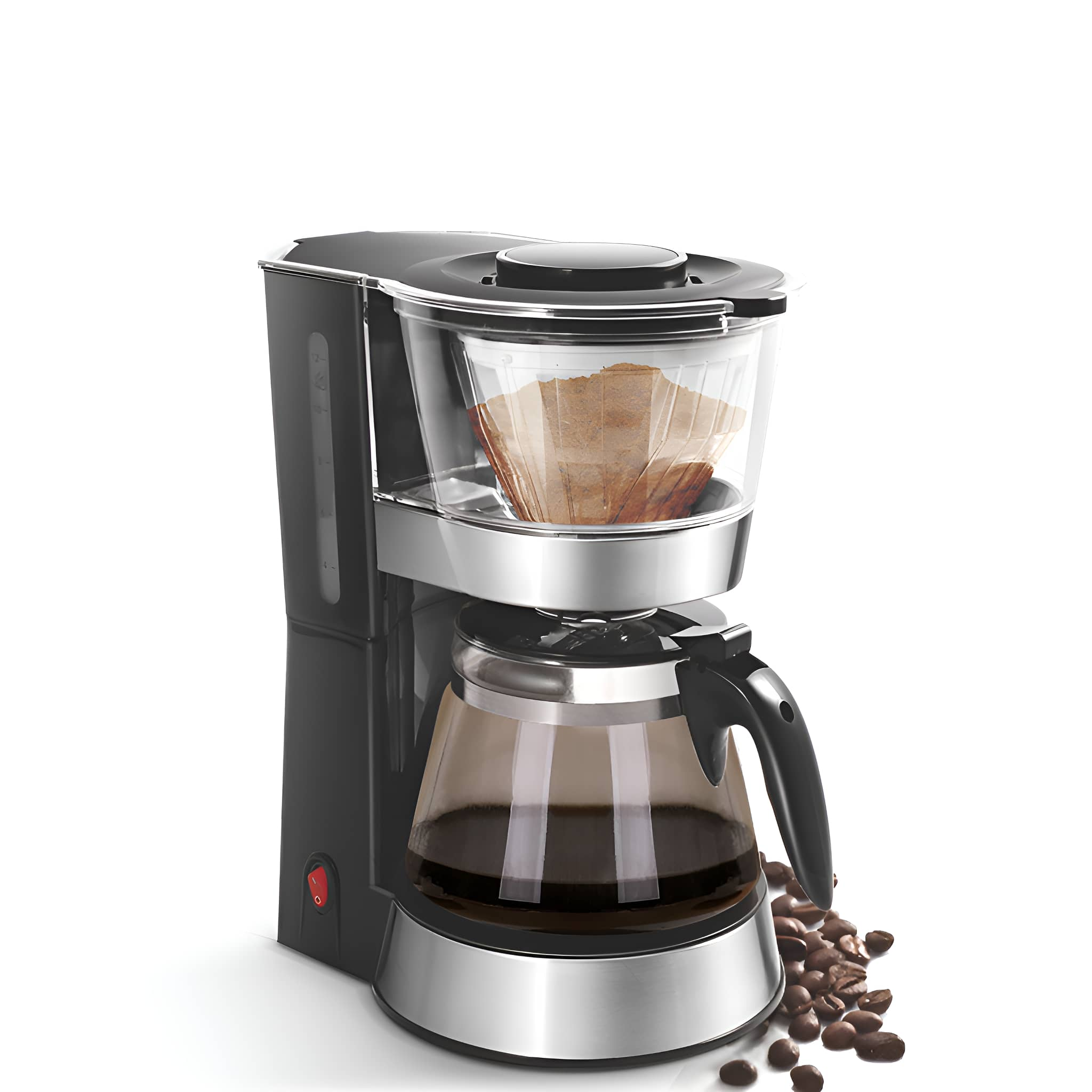 Schwarz-silberne Kaffeemaschine mit Glaskaraffe. Kaffeebohnen davor. Weißer Hintergrund.