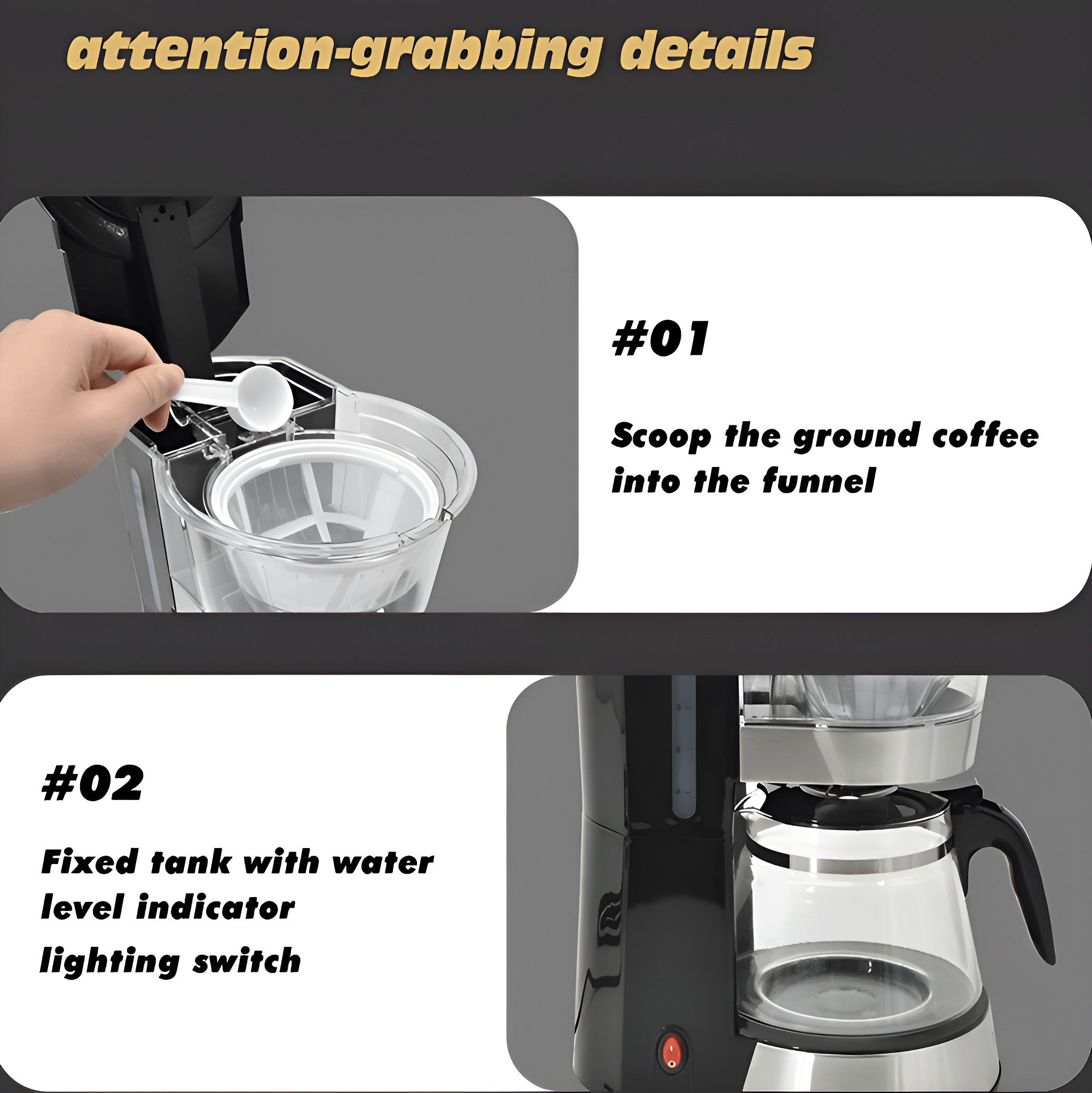 Kaffeemaschinendetails, mit einer Hand, die Kaffeepulver schöpft und dem Wassertank. Kaffeemaschine.