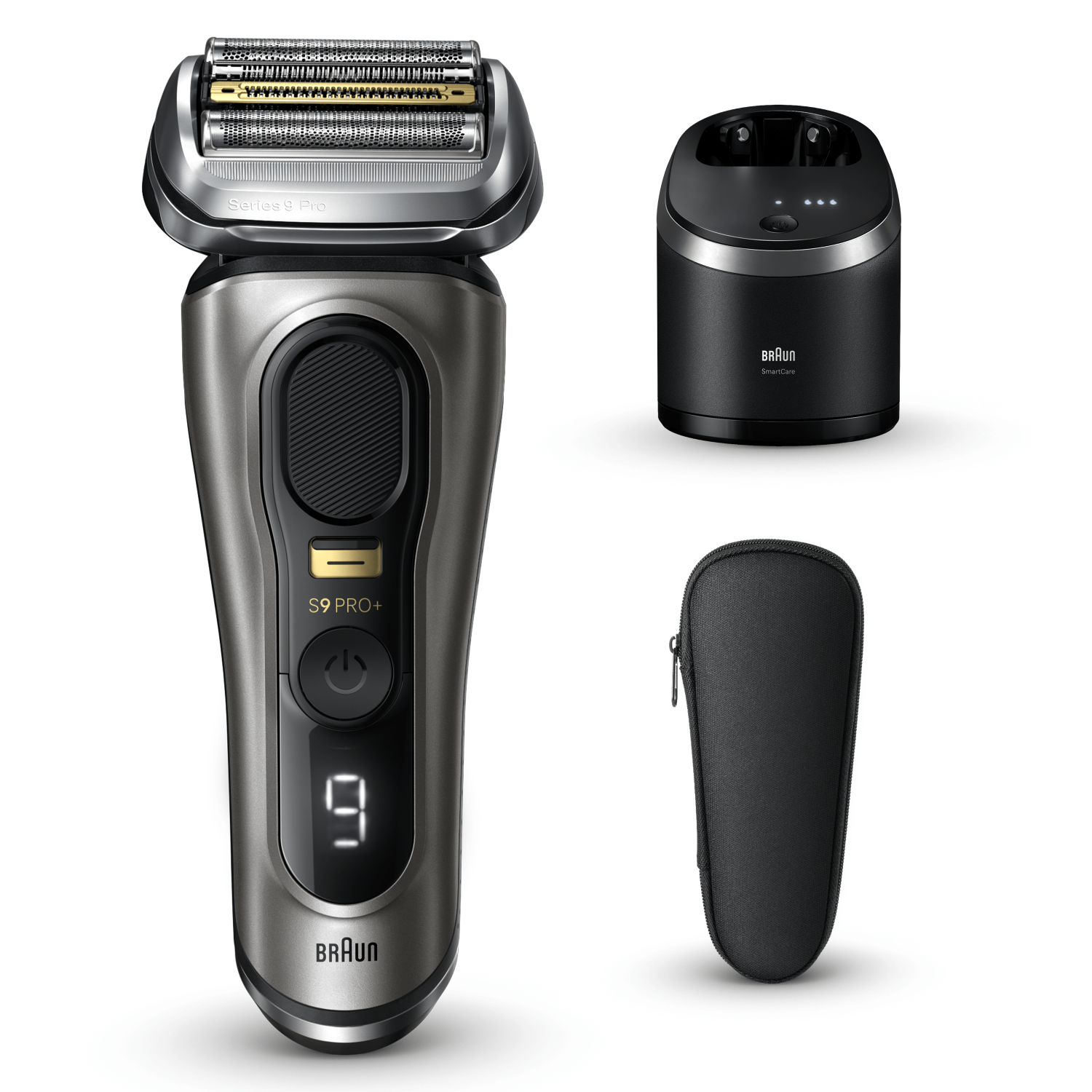 Srebrna golarka elektryczna z bazą ładującą i czarnym etui podróżnym, wszystko na biało.