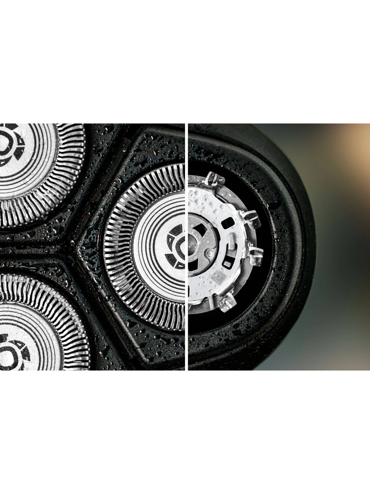 Głowice golarki elektrycznej, zbliżenie, białe tło.