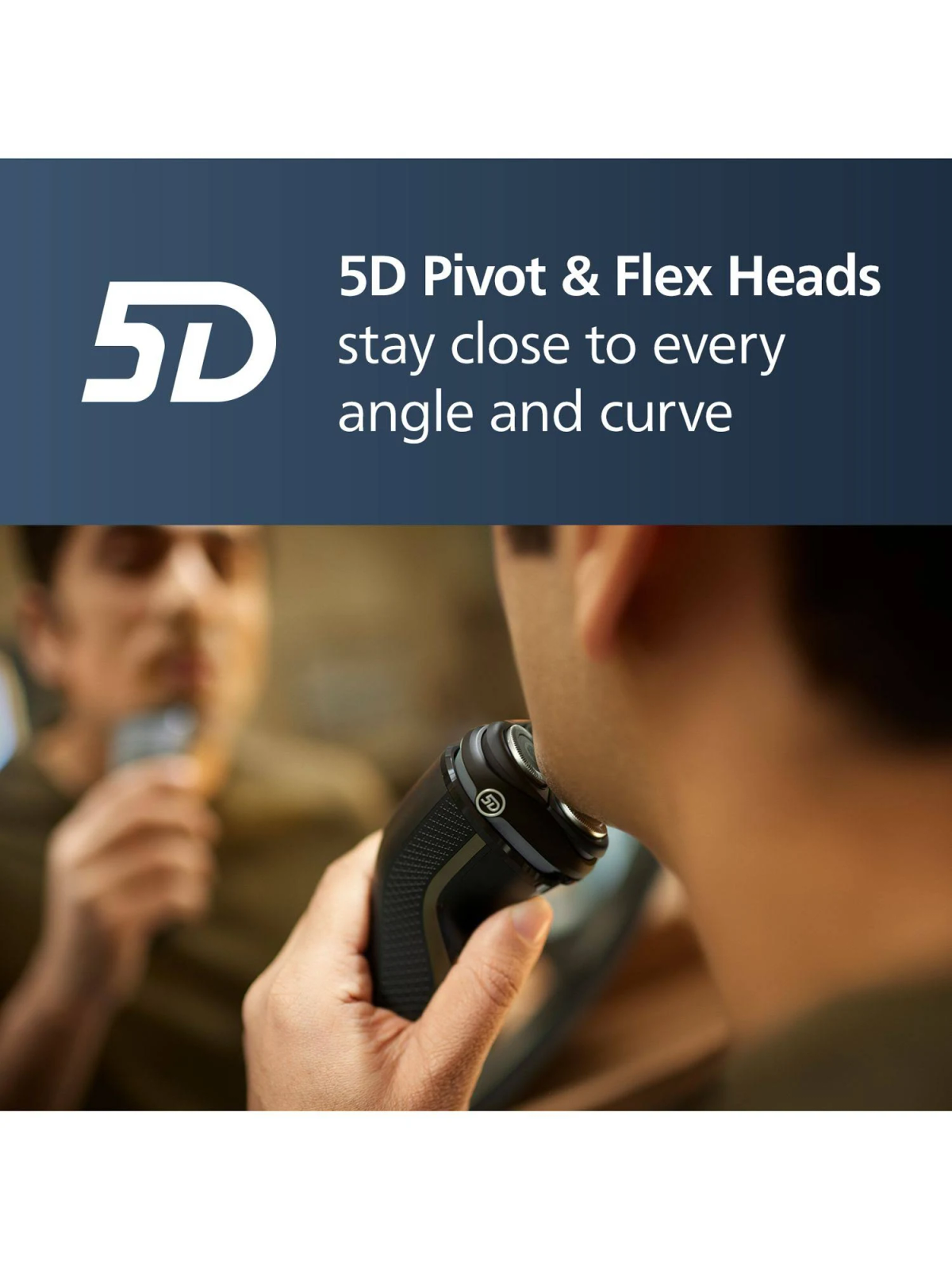 Mężczyzna goli się czarną golarką elektryczną, zbliżenie. Tekst o głowicach 5D.