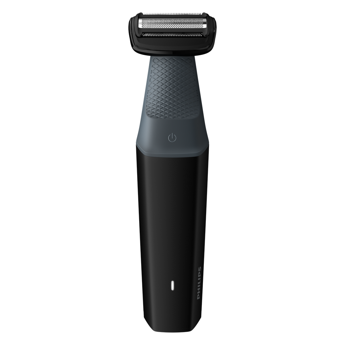 Black Philips body groomer. It has a gray head and a black handle with a power button.