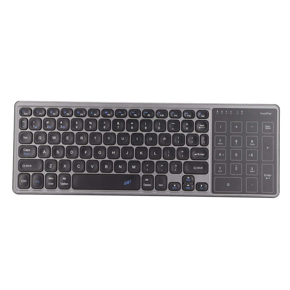 Eine silber-schwarze kabellose Tastatur mit Touchpad und Nummernblock, Draufsicht.