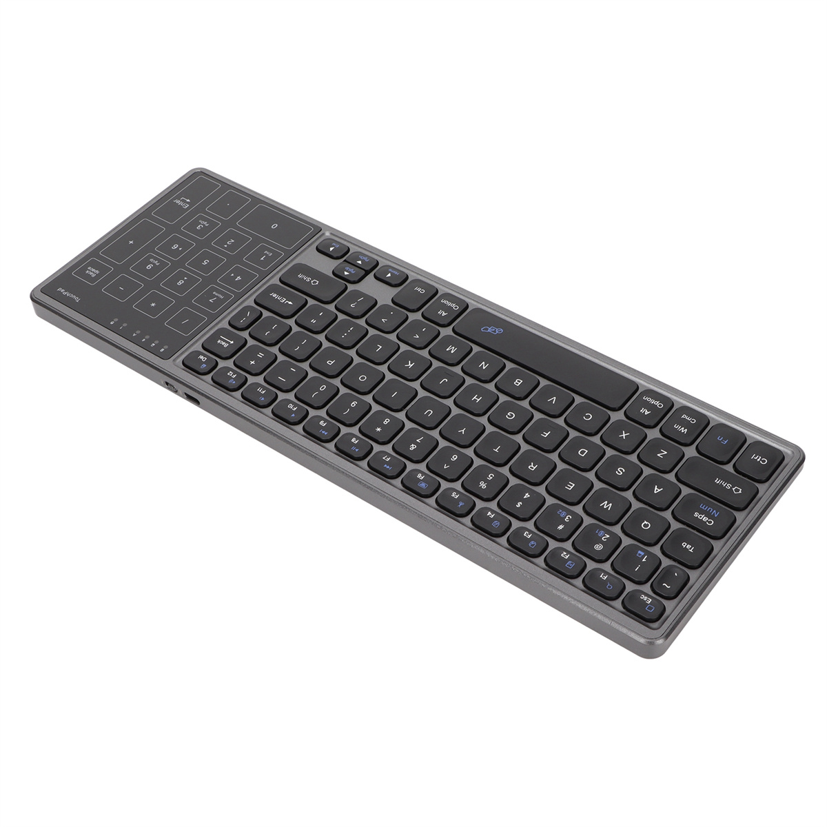 Graue Tastatur mit Touchpad und Nummernblock, angeordnet auf weißem Hintergrund.