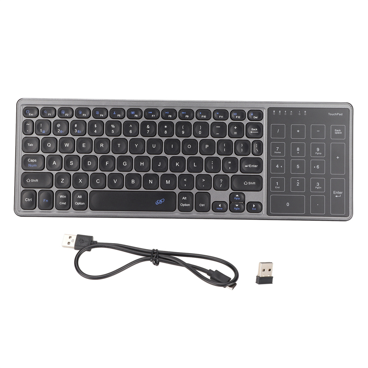 Eine silber-schwarze kabellose Tastatur mit USB-Kabel und Empfänger.
