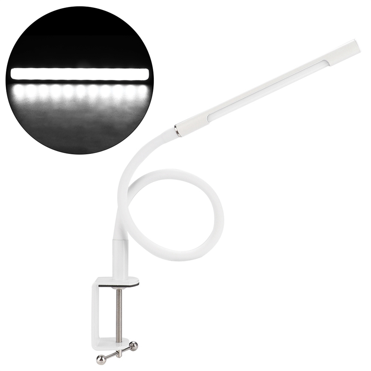 Weiße flexible LED-Schreibtischlampe mit Klemme, gebogenes Design, auf weißem Hintergrund.