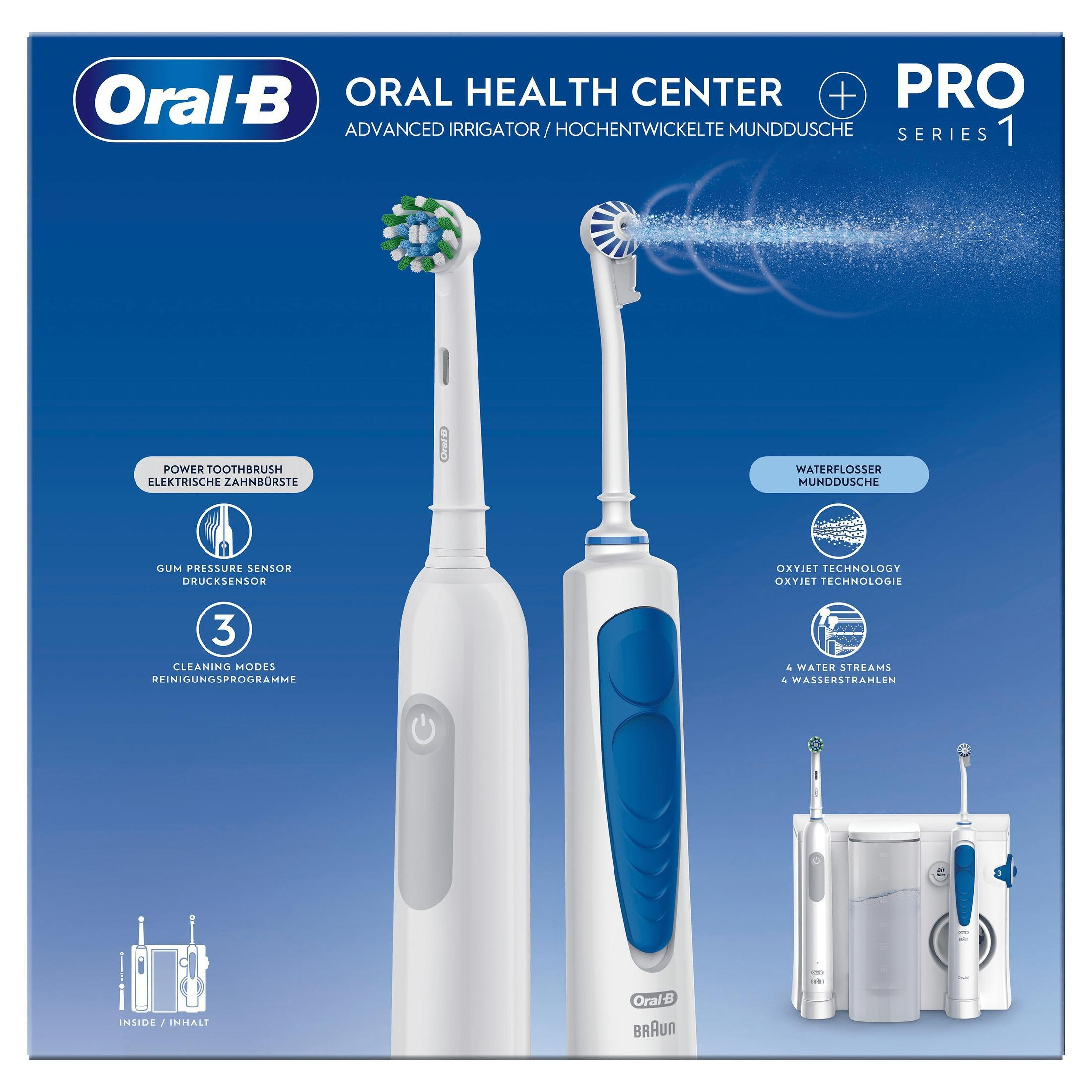 Zestaw szczoteczek do zębów Oral-B Oral Health Center Pro Series 1, z dwiema szczoteczkami i irygatorem.