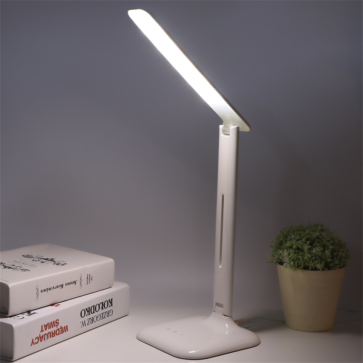 Weiße Schreibtischlampe mit hellem Licht. Zwei Bücher und eine kleine Pflanze sind auch auf dem Schreibtisch.