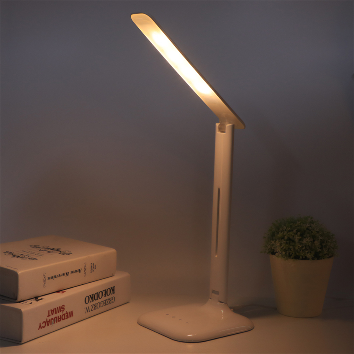 Weiße Schreibtischlampe mit hellem Licht, das einen Schreibtisch mit Büchern und einer Pflanze beleuchtet.