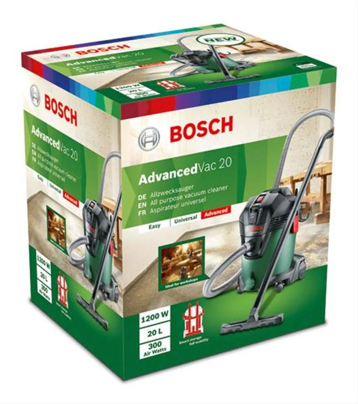 Bosch AdvancedVac 20 elektrikli süpürge kutusu, ürünü ve özelliklerini gösteriyor.