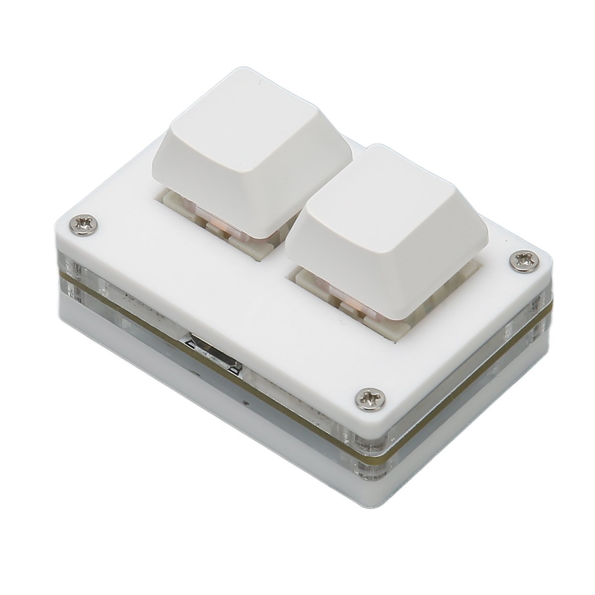 Eine weiße Zwei-Tasten-Tastatur auf klarer Kunststoffbasis mit Schrauben.