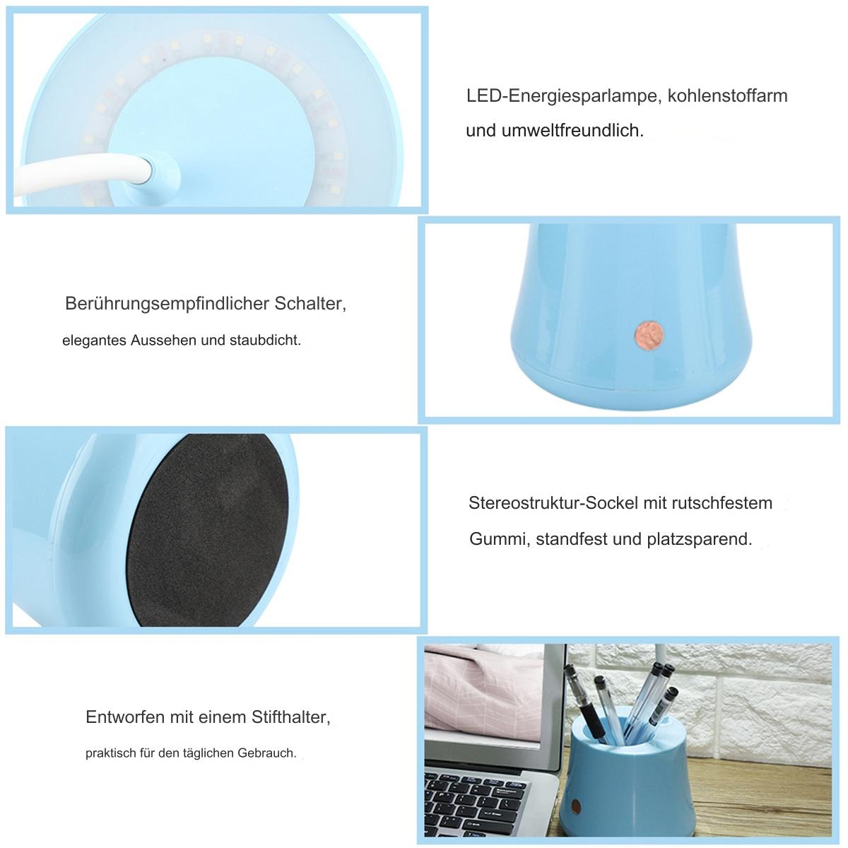 Blaue Schreibtischlampe mit Details: Berührungsschalter, Stifthalter, energiesparende LED.