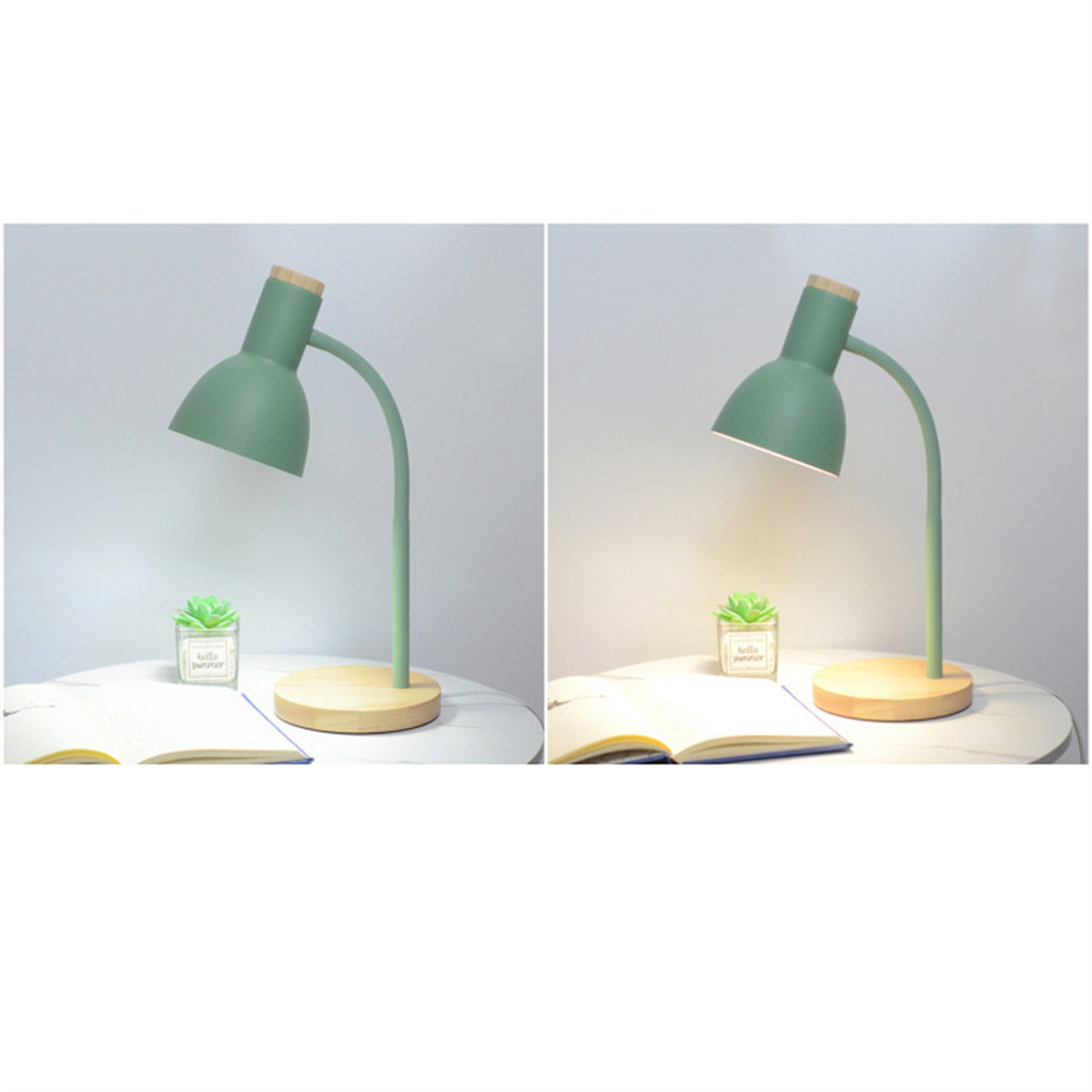 Zwei Bilder einer grünen Schreibtischlampe auf einem Tisch. Eine beleuchtet, eine unbeleuchtet, mit kleiner Pflanze und Buch.