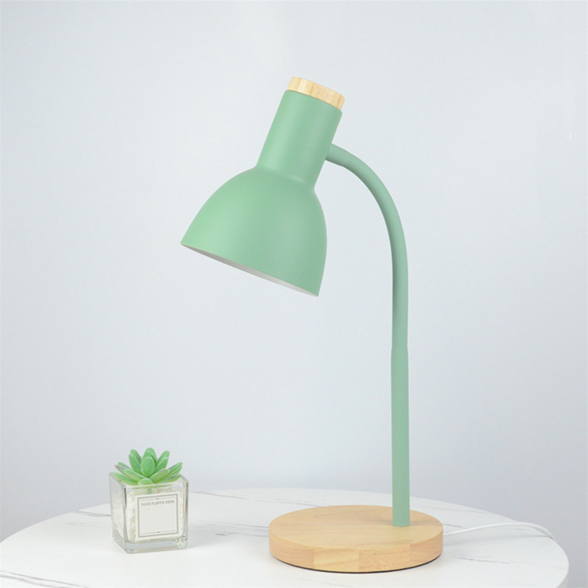 Eine grüne Schreibtischlampe mit Holzsockel, die auf eine kleine Sukkulente auf einem Tisch gerichtet ist.
