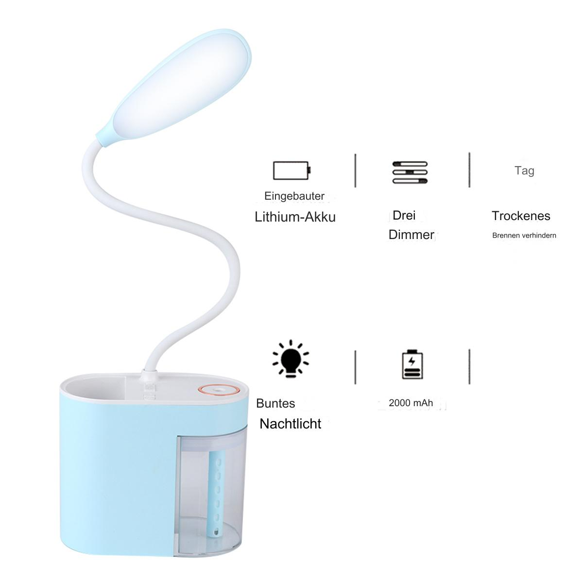 Blaue Schreibtischlampe mit Stifthalter und Funktionssymbolen.