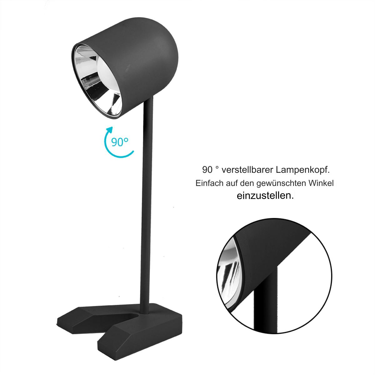Eine schwarze Schreibtischlampe mit verstellbarem Kopf. Der Kopf ist um 90 Grad abgewinkelt.