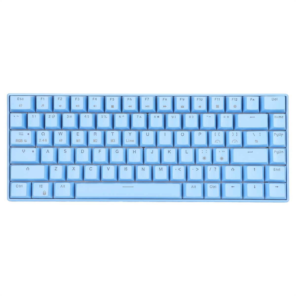 Hellblaue Tastatur. Buchstaben und Zahlen sind sichtbar. Weißer Hintergrund.