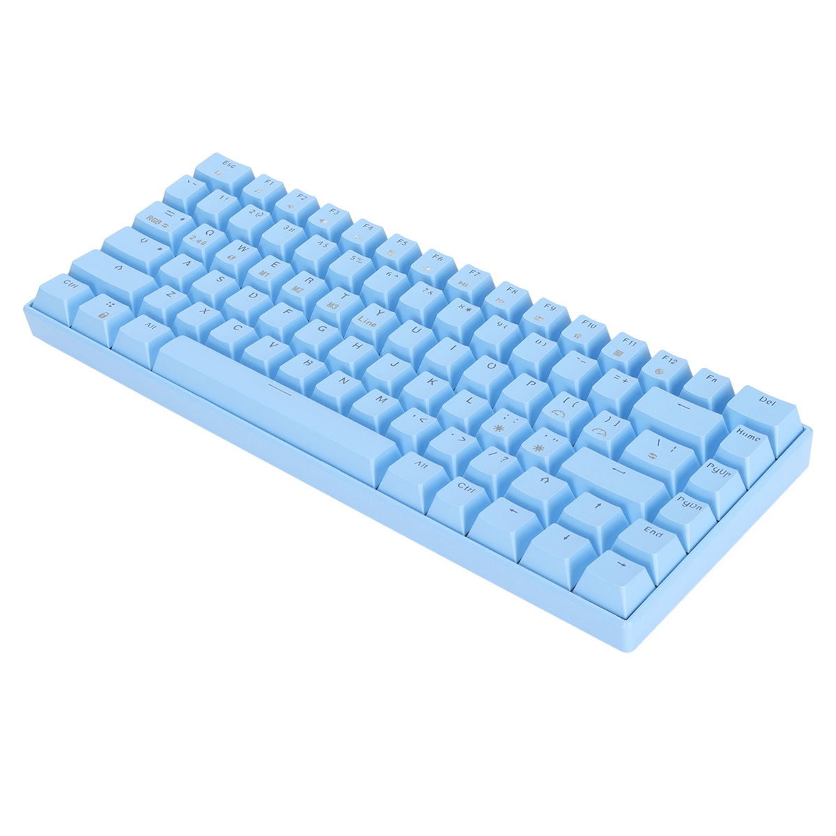 Hellblaue Tastatur, kompakte Größe, auf weißer Oberfläche.