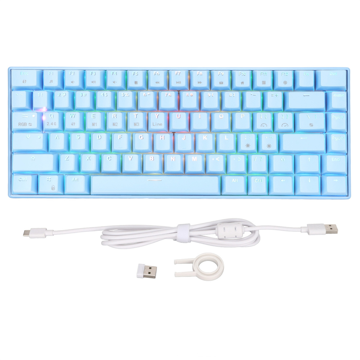 Hellblaue mechanische Tastatur mit weißem Kabel und Keycap-Abzieher, Draufsicht.
