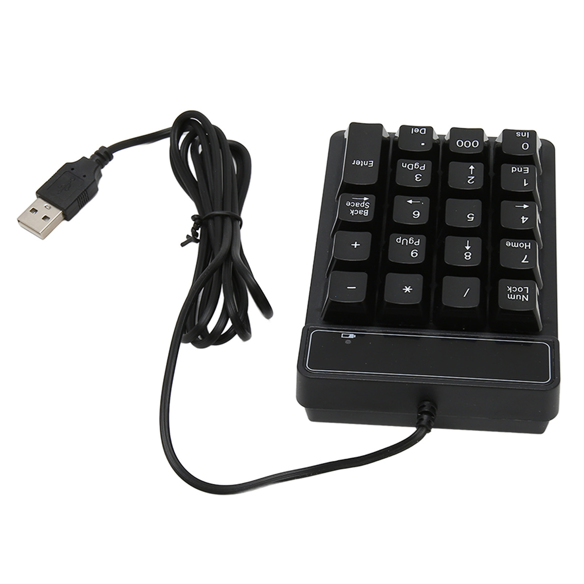 Schwarzer Nummernblock mit USB-Kabel, mit schwarzer Basis und weißen Tasten.