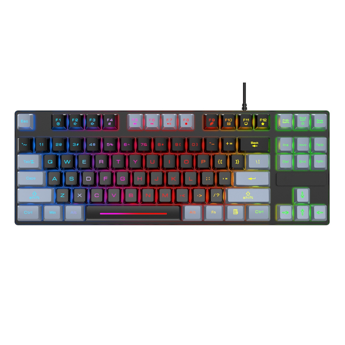 Tastatur mit verschiedenen farbigen Tasten. Der Hintergrund ist weiß. Die Tastatur ist schwarz.