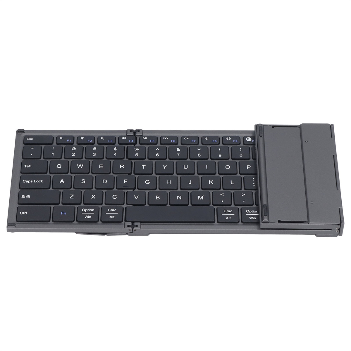 Eine graue, faltbare Tastatur. Sie ist geöffnet und einsatzbereit, mit sichtbaren Tasten.