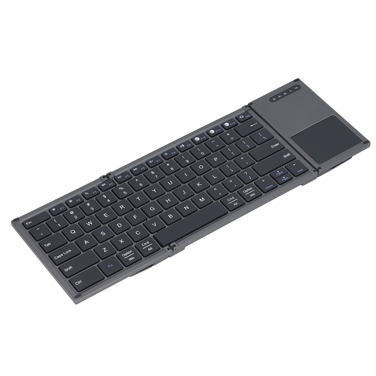Faltbare graue Tastatur mit Touchpad und Tasten. Weißer Hintergrund.
