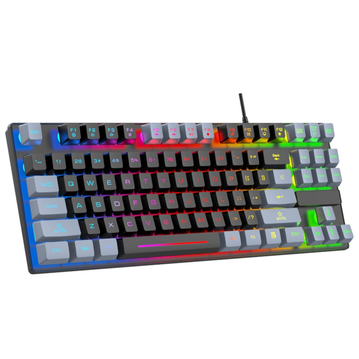 Eine Tastatur mit Hintergrundbeleuchtung und verschiedenen farbigen Tasten. Es hat einen schwarzen Rahmen und mehrere Funktionstasten.
