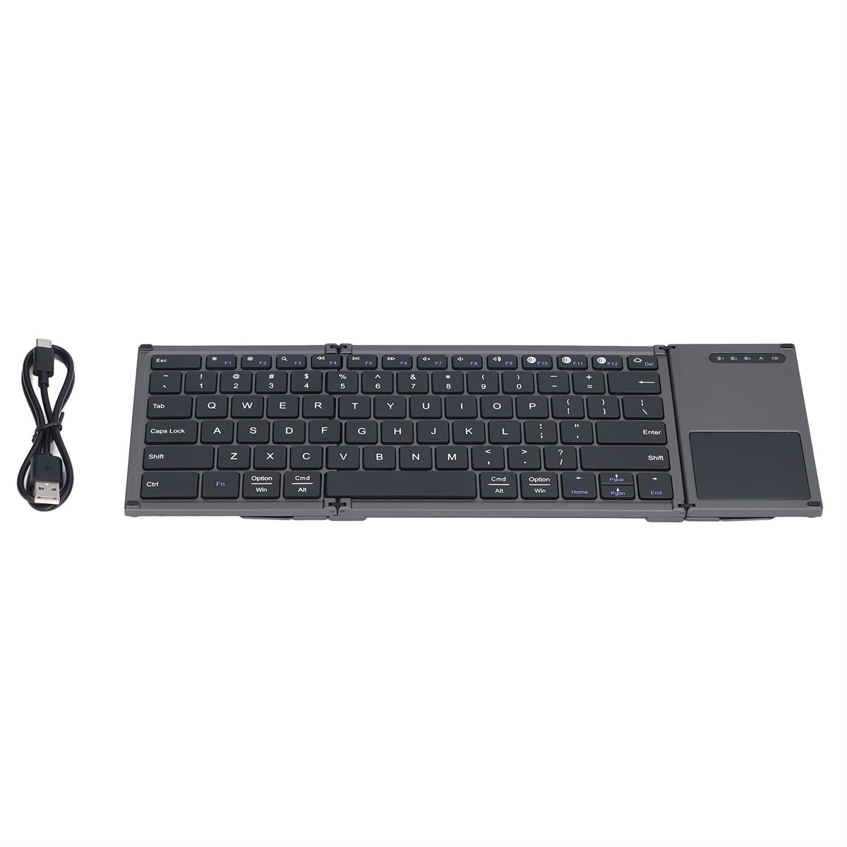 Eine faltbare graue Tastatur mit Touchpad und einem USB-Kabel links.