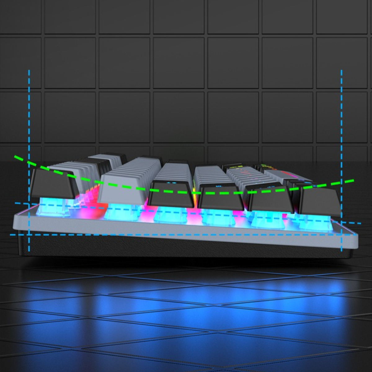 Gaming-Tastatur mit geneigten Tasten. Blaue und rote Beleuchtung.