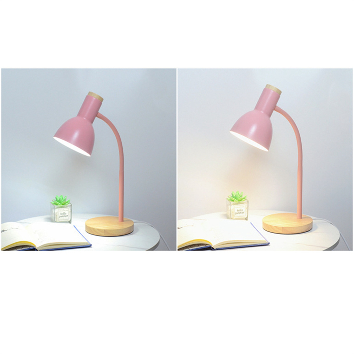 Zwei Bilder einer pinkfarbenen Schreibtischlampe auf einem Tisch. Eine beleuchtet, eine unbeleuchtet, mit kleiner Pflanze und Buch.