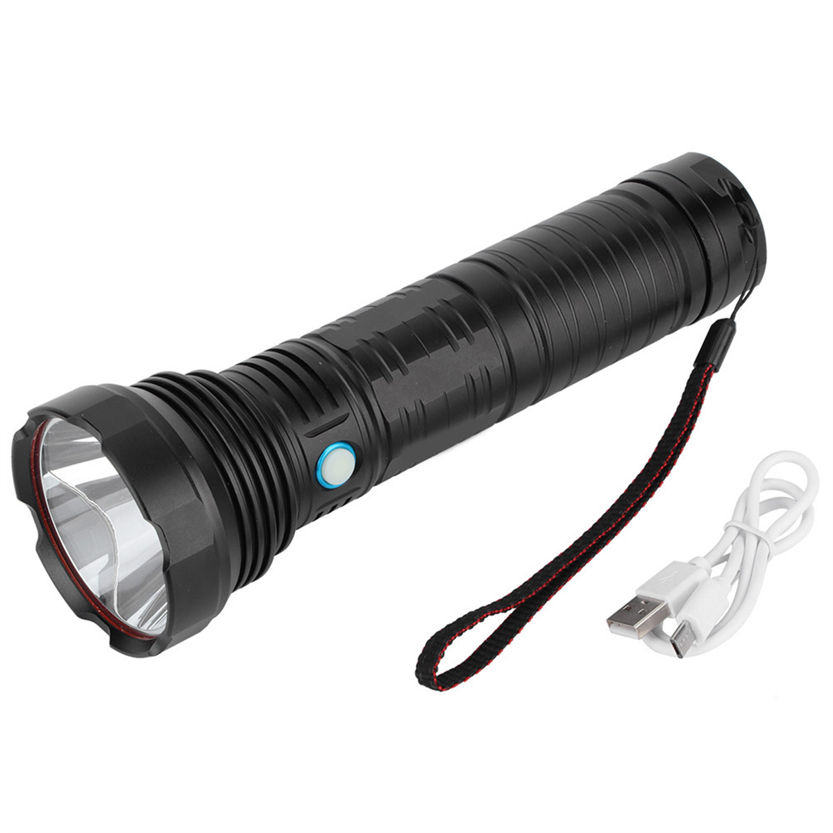 Schwarze Taschenlampe mit blauem Knopf, Handschlaufe und USB-Ladekabel.