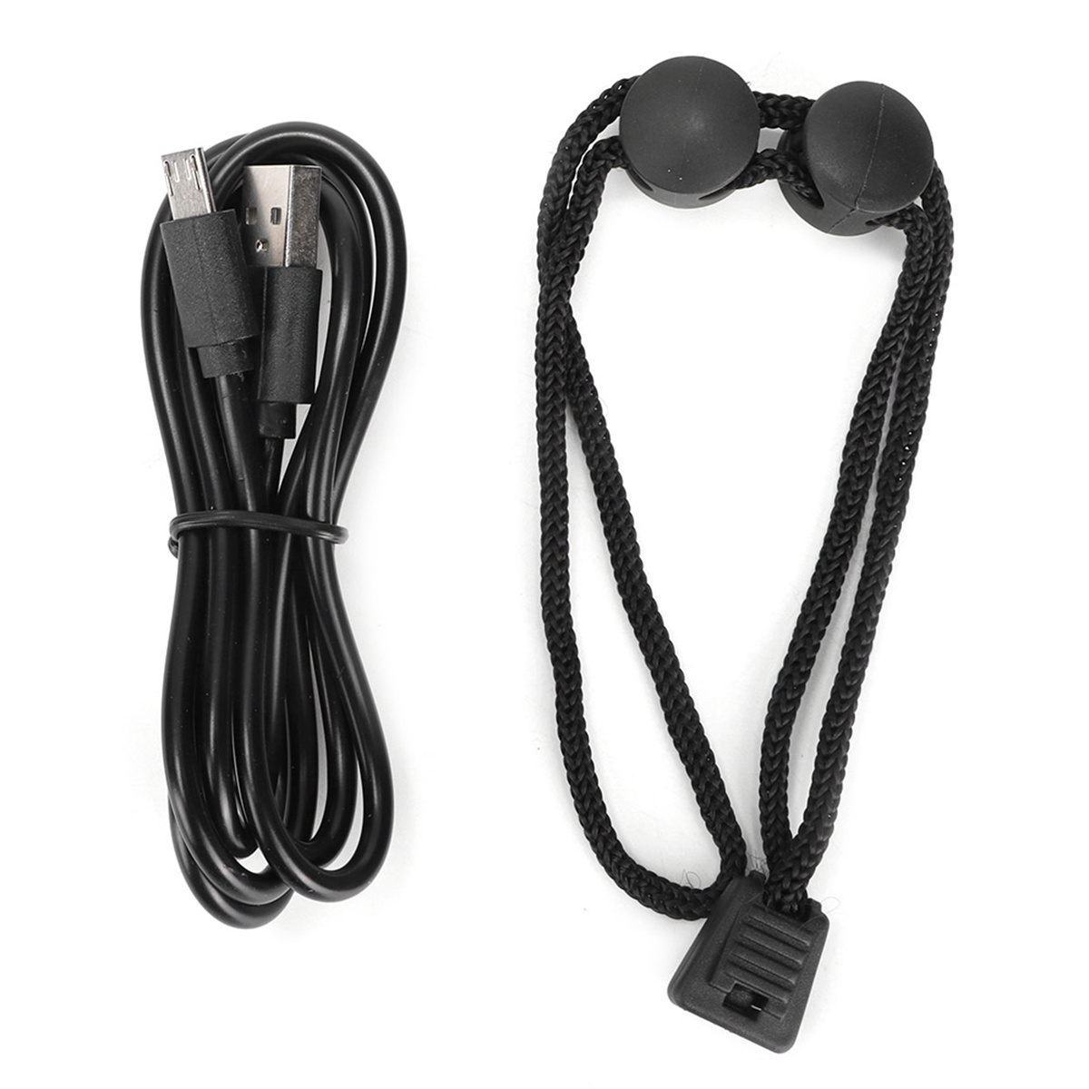 Ein schwarzes USB-Kabel und eine schwarze Schnur mit zwei schwarzen Kugeln und einem schwarzen Clip.