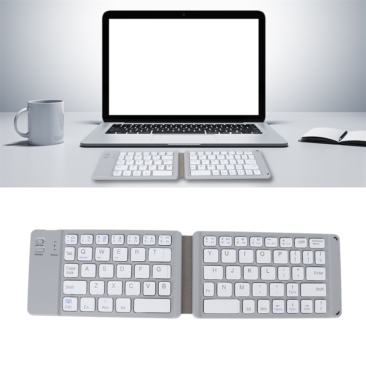 Laptop und geteilte Tastatur auf einem Schreibtisch. Tasten beleuchtet.