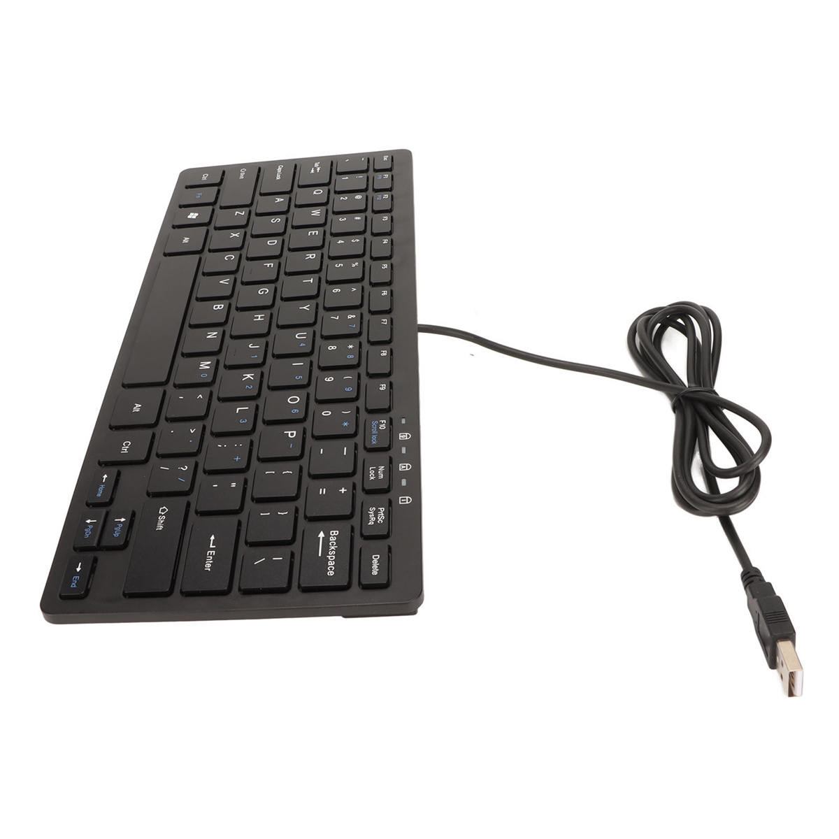 Eine schwarze Tastatur mit weißen Tasten und einem USB-Kabel auf weißem Hintergrund.