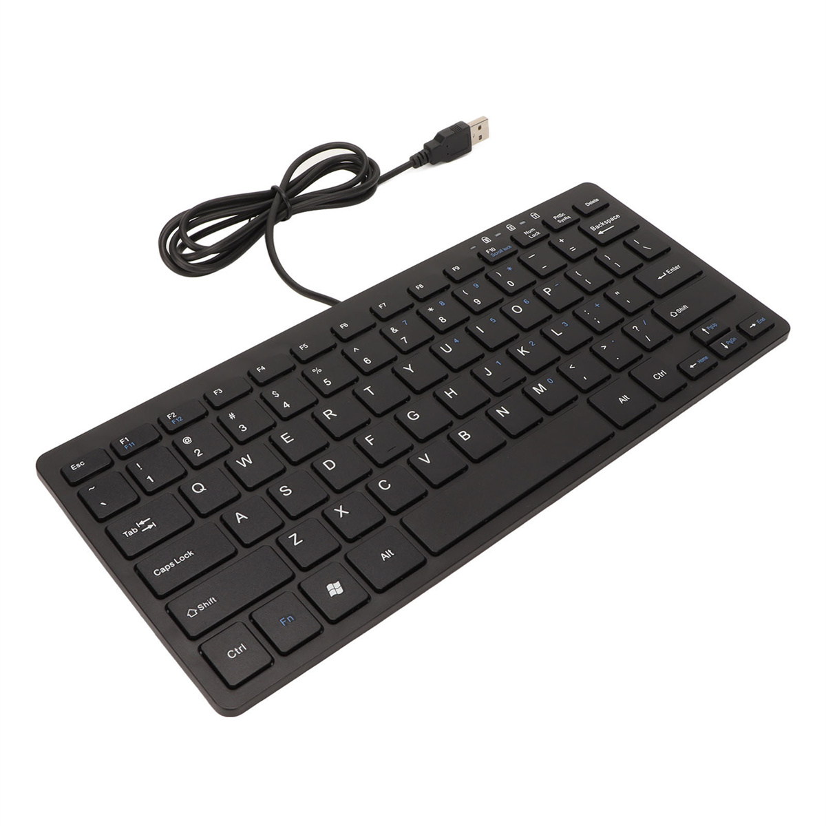 Eine schwarze, kompakte Tastatur mit weißen Buchstaben und Zahlen. Sie hat ein USB-Kabel.