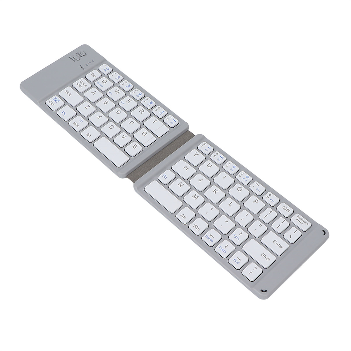 Graue, zusammenklappbare Tastatur, offen. Die Tasten sind weiß mit schwarzen Buchstaben und Symbolen.