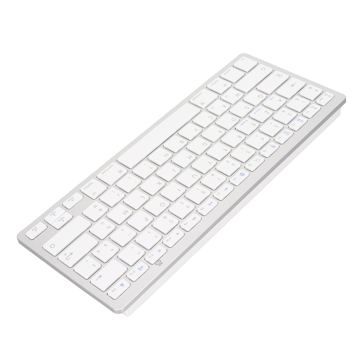 Weiße Tastatur mit silbernem Rahmen. Tasten sind weiß mit blauen Symbolen.