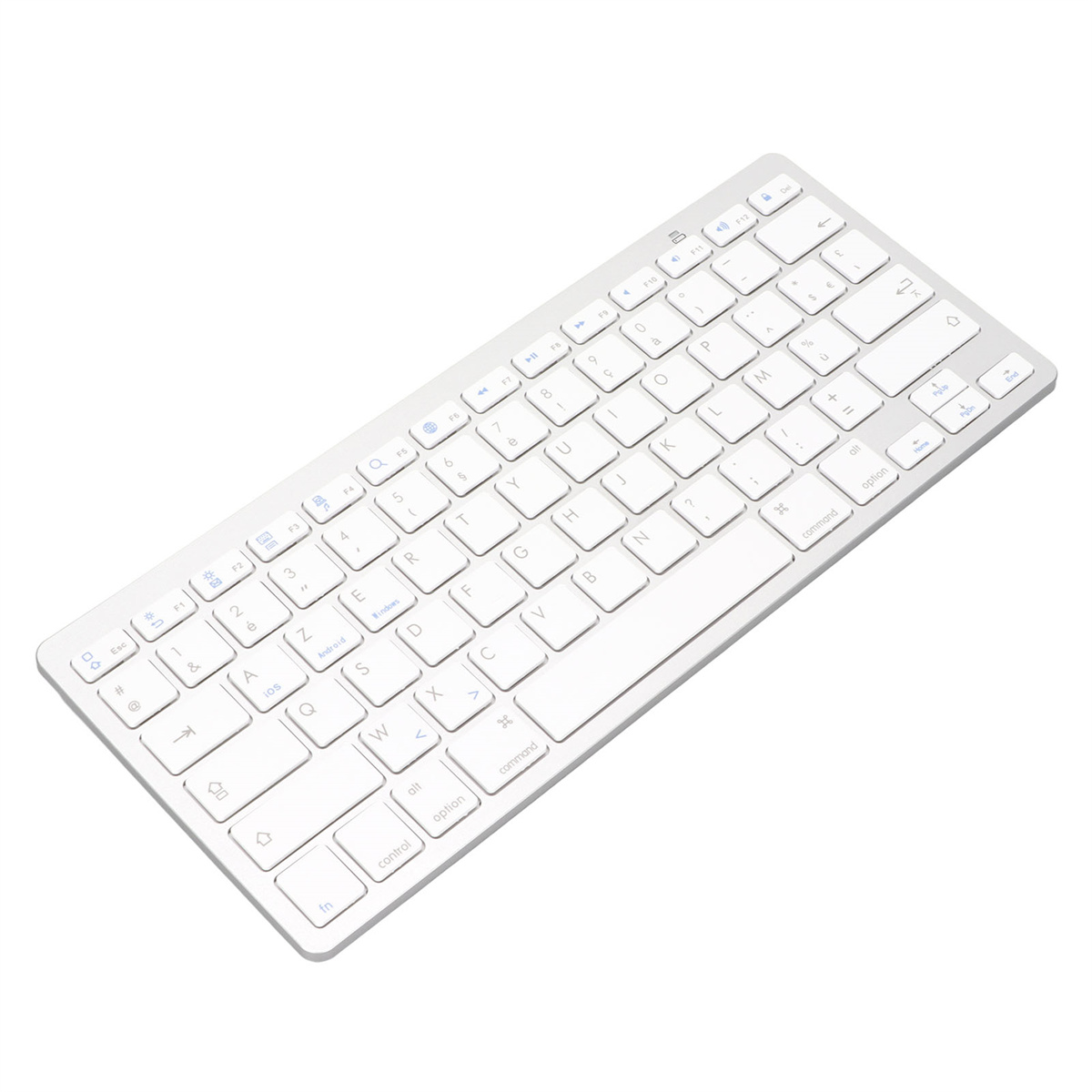 Eine Draufsicht auf eine weiße Tastatur. Die Tastatur hat eine Reihe von Tasten, und das Layout ist vertraut.
