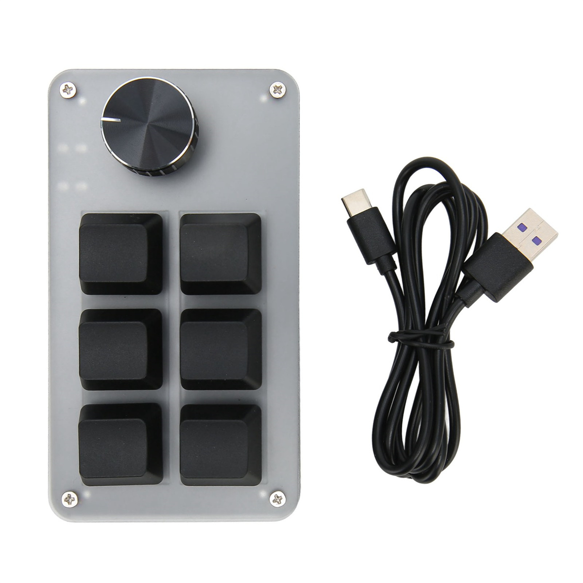 Ein graues Bedienfeld mit Knöpfen und einem Drehknopf, verbunden mit einem USB-Kabel.