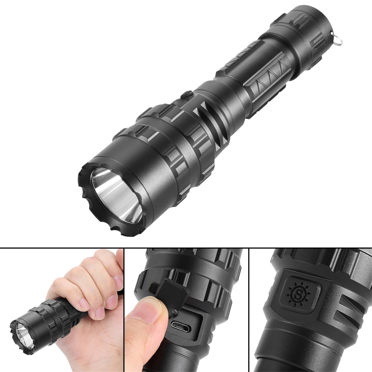 Eine schwarze Taschenlampe mit Details ihrer Funktionen, einschließlich Ladeanschluss und Schalter.