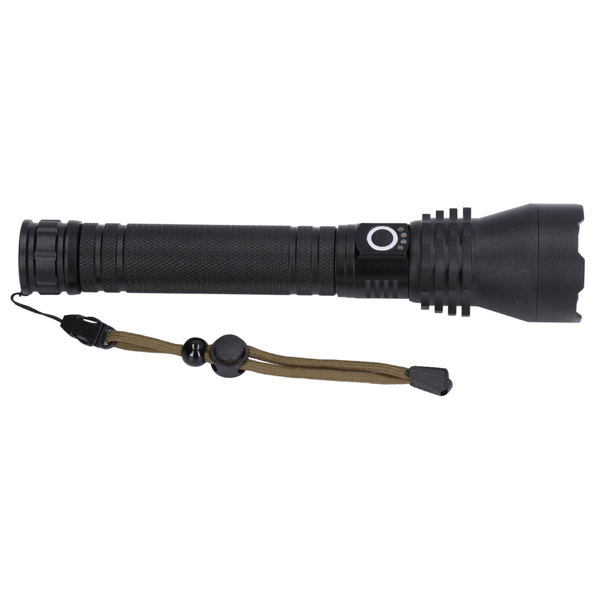Eine schwarze Taschenlampe liegt horizontal auf einer weißen Oberfläche. Sie hat einen Riemen und einen Knopf zum Einschalten.